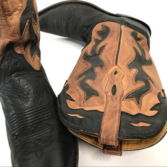 OLD WEST Leather Cowboy Boots Western Ranch Size 8 Two Tone Tan Black Ranch - Picture 9 of 14